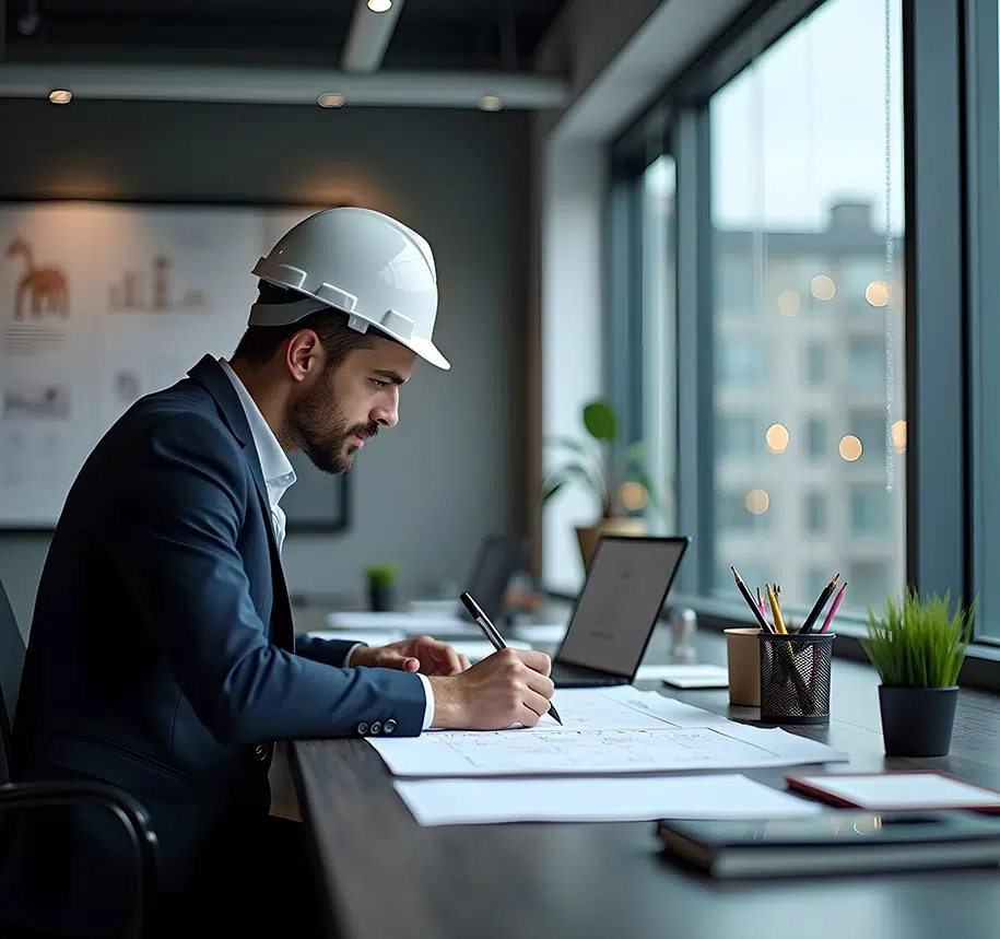 Bauarchitekt sitzt im Büro am Schreibtisch und führt Dokumentationen durch