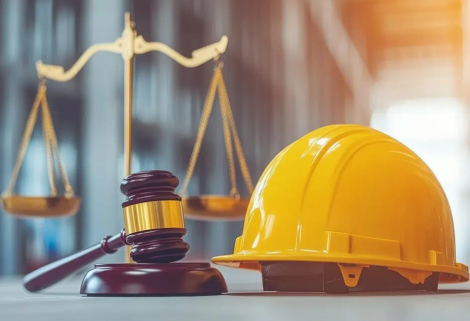 Ein Hammer und eine Waage der Gerechtigkeit neben einem Schutzhelm symbolisieren die Schnittstelle zwischen Recht und Bausicherheit