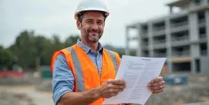 Ein Mann mit Schutzhelm und Sicherheitsweste steht auf einer Baustelle und prüft Dokumente.
