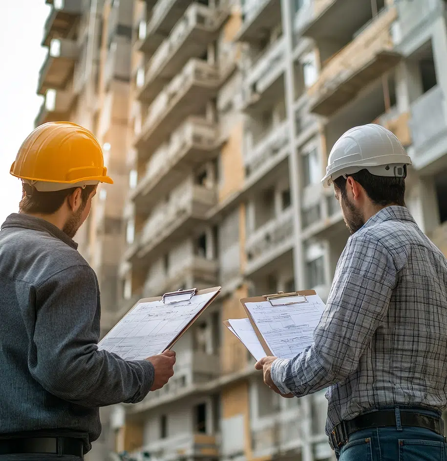 Zwei Bauunternehmer mit Schutzhelmen prüfen Baupläne auf einer Wohnbaustelle