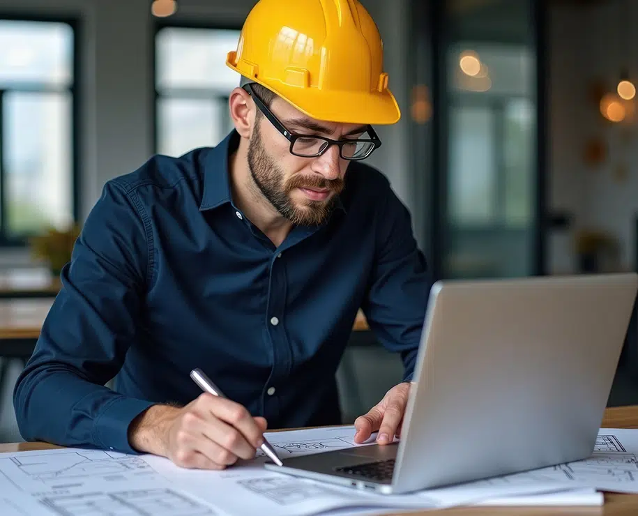 Ingenieur nutzt Laptop und Papiere, um Bauprojekte zu dokumentieren