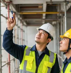 Zwei Bauarbeiter beurteilen eine Arbeit auf einer Baustelle