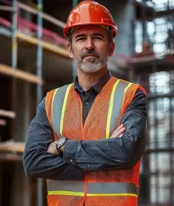 Professioneller Bauleiter in Sicherheitsausrüstung steht selbstbewusst bei modernem Bauprojekt