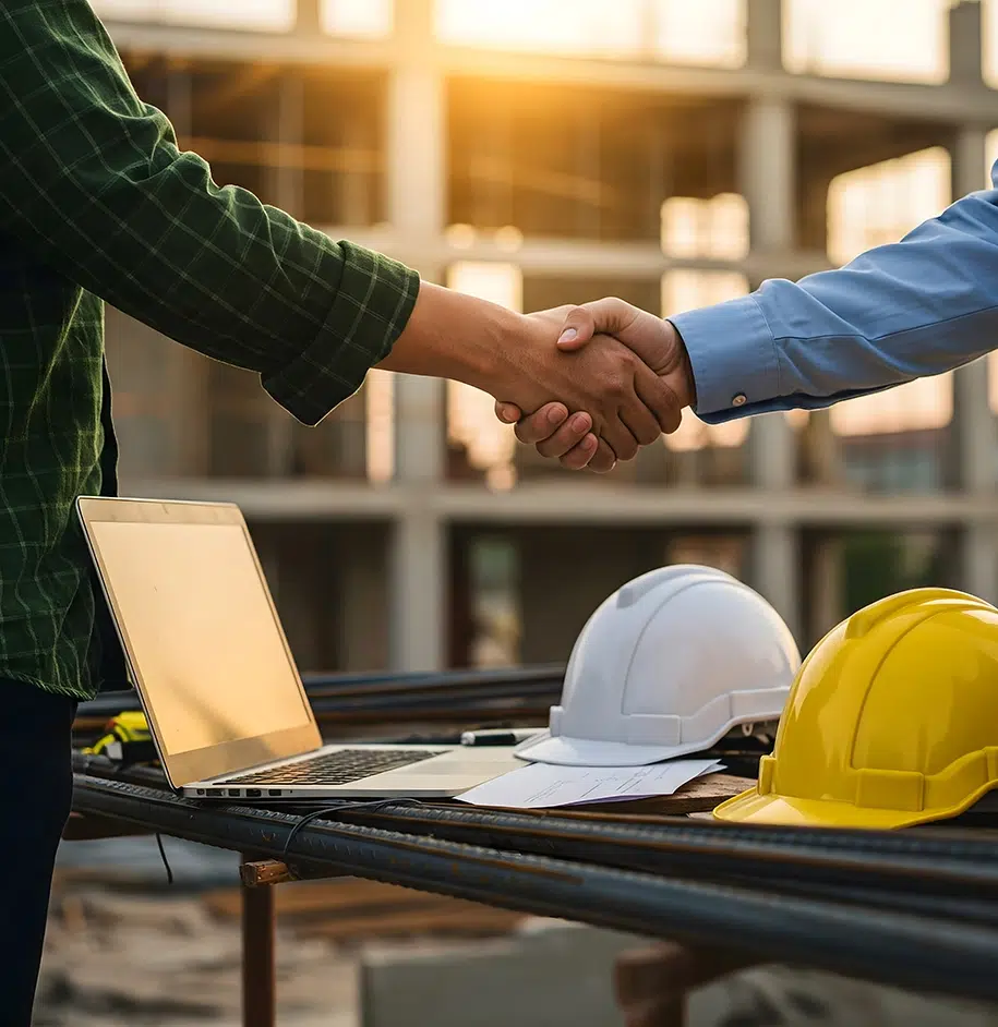 Zwei Menschen geben sich auf einer Baustelle die Hand. Auf einem Tisch liegen Helme, Baupläne und ein Laptop.