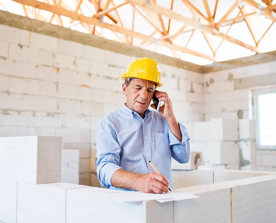 Leitender Architekt mit Smartphone auf der Baustelle.