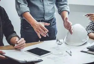 Architekten sitzen in einem Büro und besprechen den Bauplan