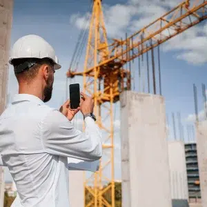 Mann mit Schutz macht ein Foto von einer Baustelle