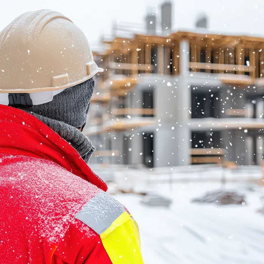 Bauarbeiter in Winterkleidung beobachtet Baustelle bei Schneefall.