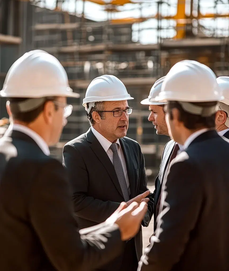Eine Gruppe von Fachleuten in Anzügen und Schutzhelmen diskutiert auf einer Baustelle.
