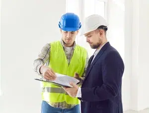 Bauunternehmer und Geschäftsmann unterhalten sich und planen den Bau oder die Renovierung eines Hauses