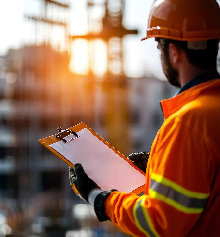 Ein Bauarbeiter in Sicherheitsausrüstung überprüft eine Checkliste und beaufsichtigt eine Baustelle mit Kränen im Hintergrund.