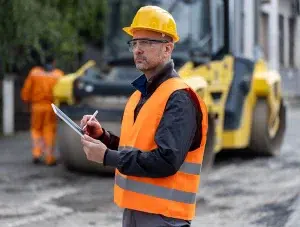 Ein Bauarbeiter in Sicherheitskleidung beurteilt eine Baustelle und führt Notizen