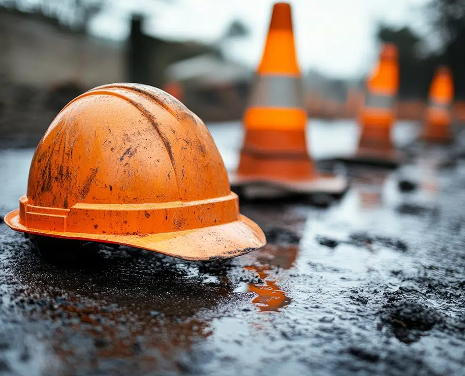 Orangefarbener Schutzhelm liegt auf nasser Asphaltstraße auf Baustelle