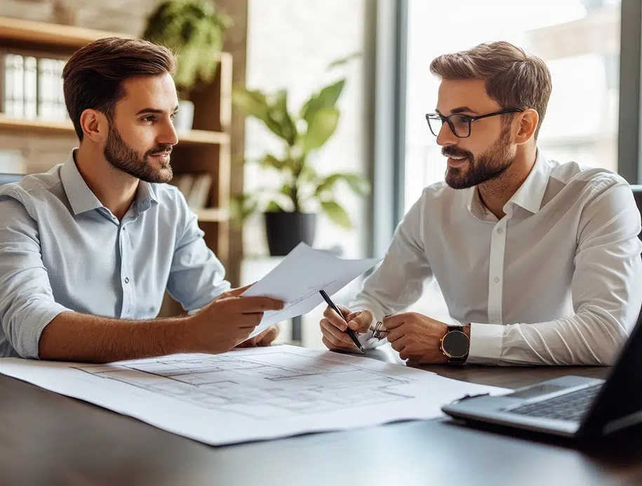 Architekt und Kunde besprechen ein Bauprojekt in einem Büro