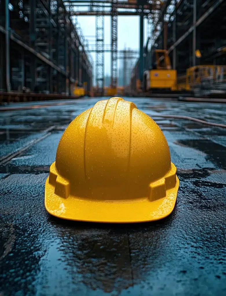 Ein gelber Schutzhelm liegt bei Regen auf einer nassen Oberfläche auf einer Baustelle
