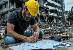 Bauarbeiter, der vor einer Baustelle sitzt und viele Dokumente ausfüllt