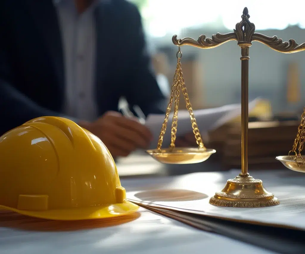 Eine Büroszene mit einer juristischen Waage, einem gelben Schutzhelm und Dokumenten, die die Schnittstelle zwischen Recht und Bausicherheit symbolisiert.