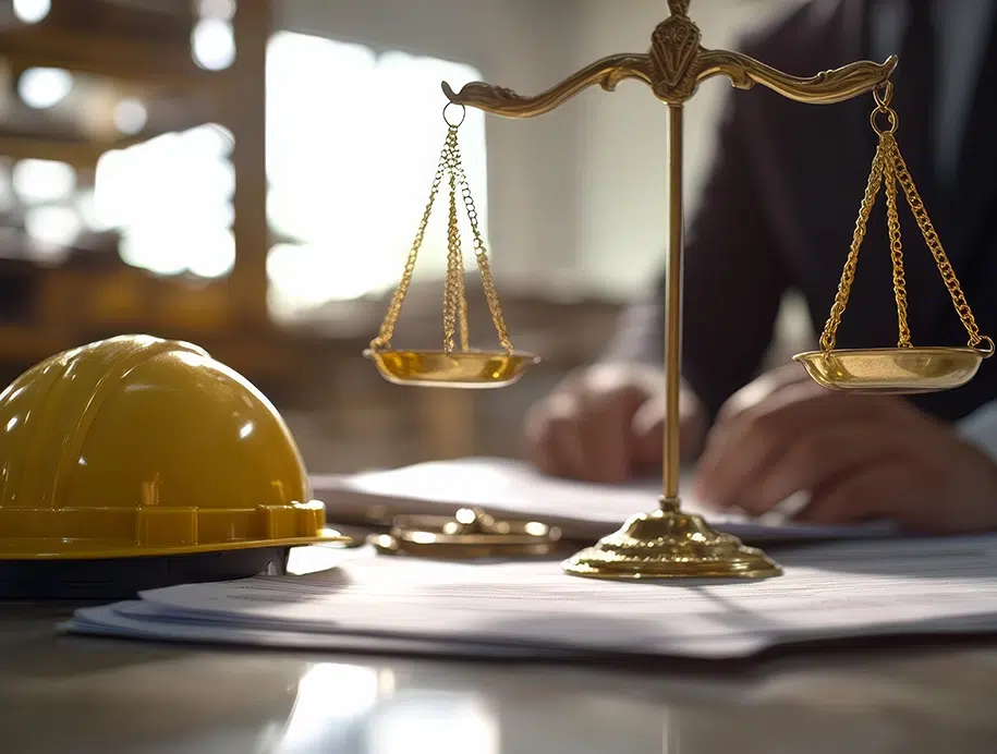 Ein Bauhelm und eine Waage der Gerechtigkeit symbolisieren das Gleichgewicht zwischen Recht und Gesetz im Bauwesen.