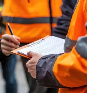 Im Hintergrund sind Bauarbeiter in Sicherheitswesten zu sehen, die etwas dokumentieren