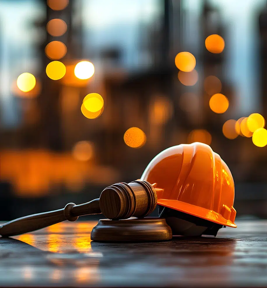 Hammer und Schutzhelm auf Holzoberfläche in einem lichternen Hintergrund