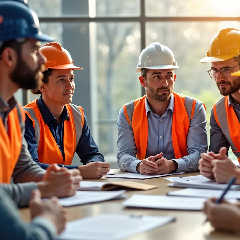 Bauarbeiter sitzen in einem Büro und führen eine Teambesprechung