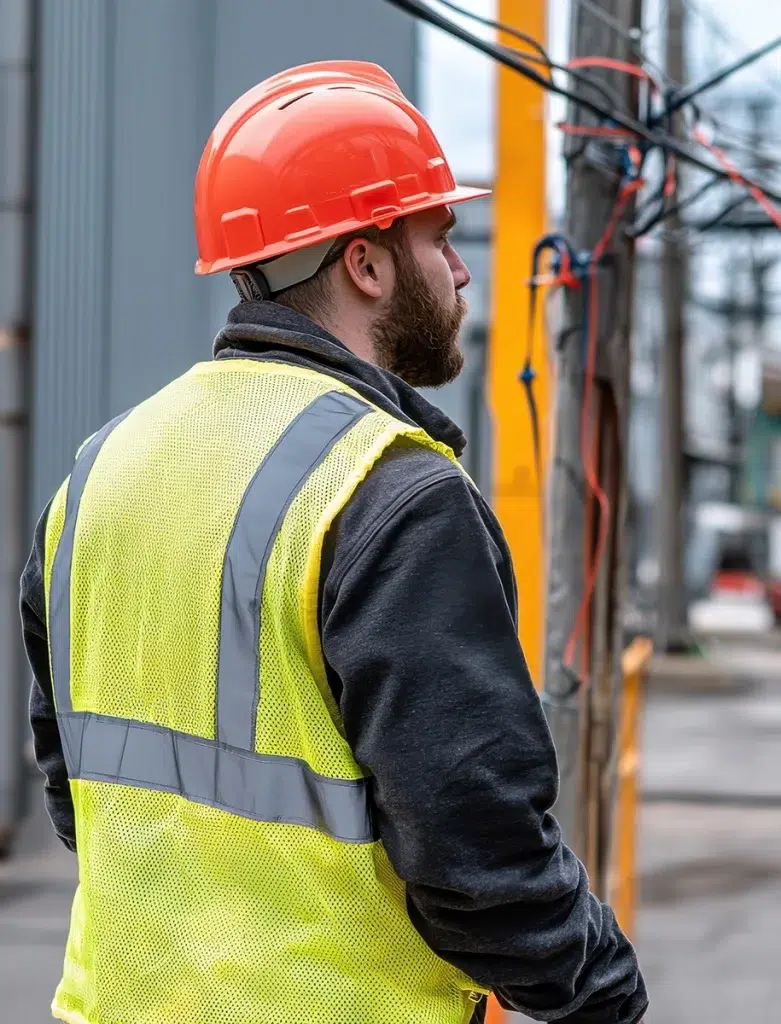 Ein Bauarbeiter in einer leuchtend gelben Weste und einem orangefarbenen Schutzhelm überwacht eine Baustelle.