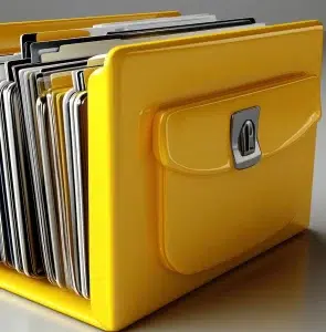 Gelbe Aktenbox deutet auf lagerung und Organisation von Baudokumenten