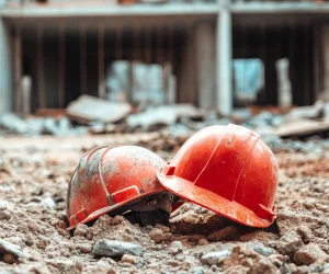 Ein Paar rote Schutzhelme liegen auf Baustellentrümmern und signalisieren entweder die Einstellung der Arbeiten oder eine vorübergehende Unterbrechung.