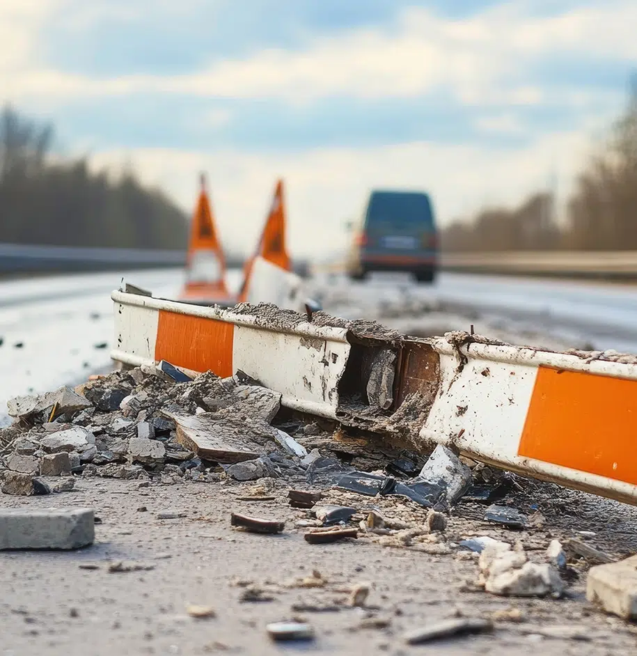 Gebrochene Betonbarriere auf einer Straße mit Verkehrskegeln, die auf Reparaturarbeiten hinweisen