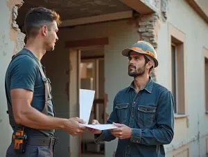 Zwei Bauarbeiter besprechen Pläne auf einer Baustelle