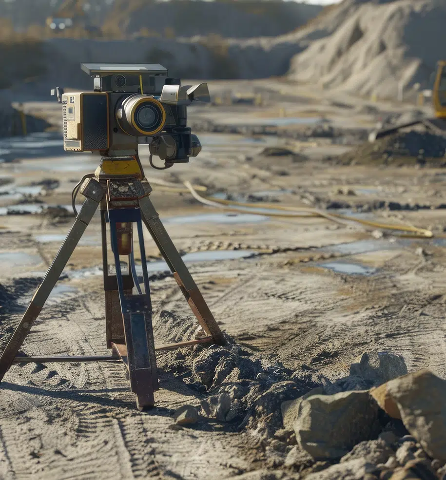 Eine Kamera auf einem Stativ auf einer Baustelle nimmt Aufnahemn
