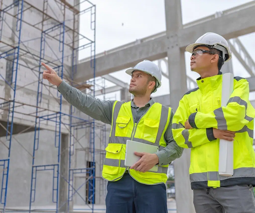 Zwei Ingenieure stehen auf einer baustelle und besprechen Projekte