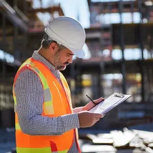 Ein Bauarbeiter in Sicherheitskleidung steht vor einer Baustelle und führt Dokumentationen durch