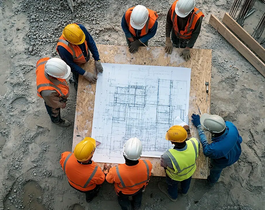 Eine Gruppe von Ingenieuren und Arbeitern diskutiert Projekte auf einer Baustelle mit Bauplänen, die auf einem Tisch ausgebreitet sind