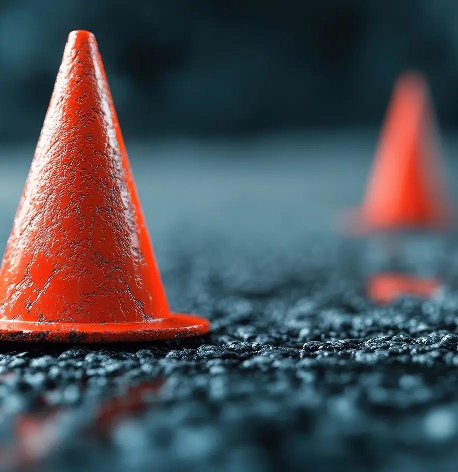 Nahaufnahme von zwei orangefarbenen Verkehrskegeln auf einer geteerten Straße, die auf ein Hindernis oder eine Baustelle hinweisen.