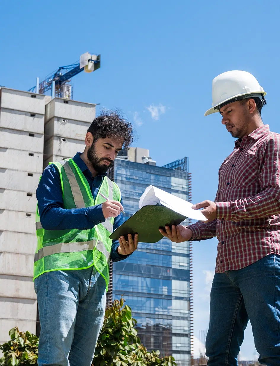 Arbeiter auf der Baustelle unterschreiben Dokumente für Bauprojekte