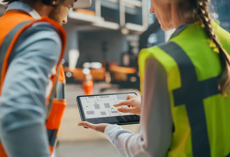Spezialisten stehen vor einer Baustelle und verwenden Tablet mit digitalen technischen Zeichnungen auf dem Bildschirm