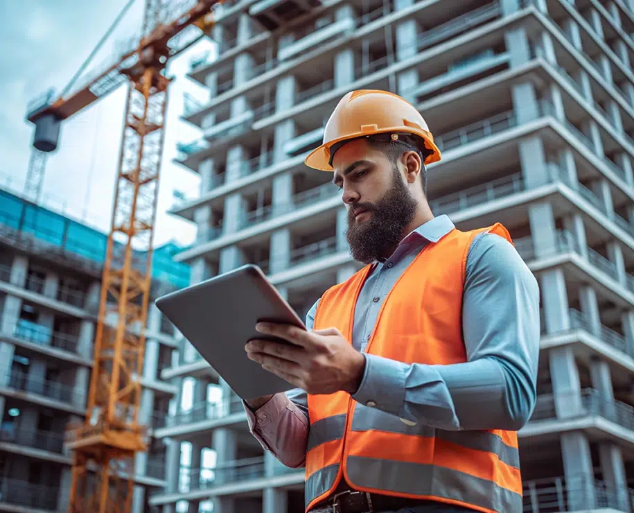Ein Bauarbeiter mit Helm, Schutzweste und einem Tablet in der Hand steht auf einer Baustelle