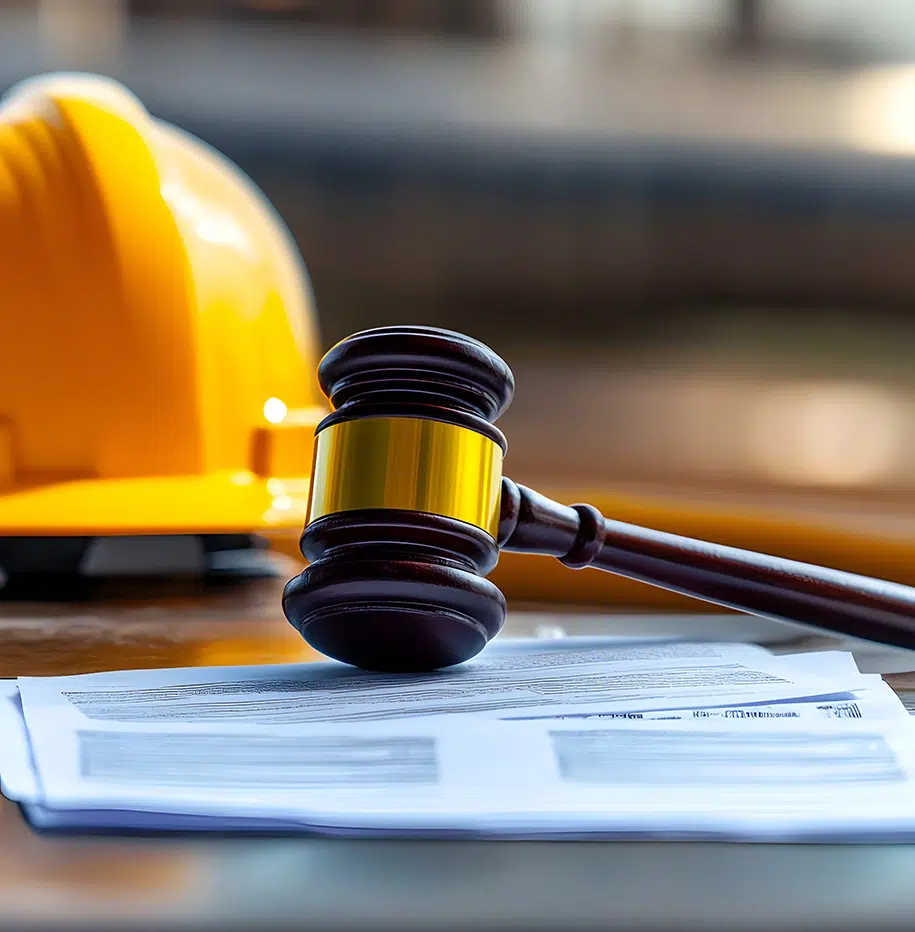 Hammer, Dokumente und Schutzhelm liegen auf dem Tisch
