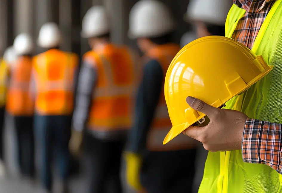 Bauarbeiter in Sicherheitsausrüstung stehen in einer Reihe auf der Baustelle.