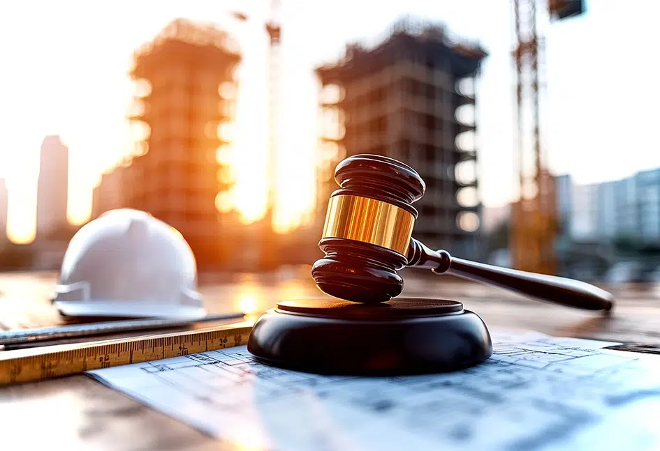 Auf einer Baustelle bei wird mit einem Hammer der Gerechtigkeit geübt