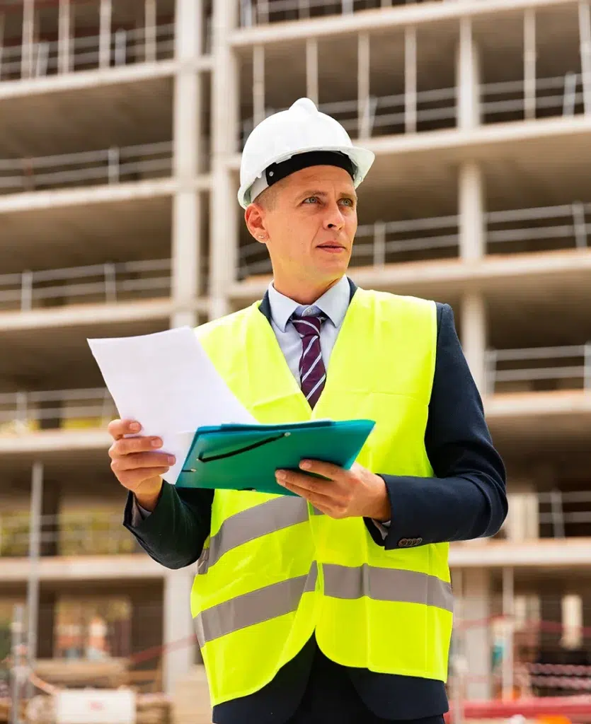 Bauingenieur steht auf einer Baustelle und studiert sorgfältig wichtige Arbeitsdokumente