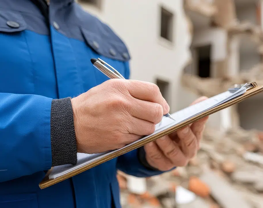 Bauinspektor beurteilt strukturelle Schäden mit Klemmbrett vor den Folgen einer eingestürzten Baustelle