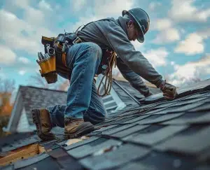 Ein professioneller Dachdecker in Sicherheitsausrüstung arbeitet auf dem Dach eines Wohnhauses.