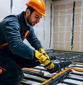 Bauarbeiter in Schutzkleidung installiert Fußbodenheizung, verlegt sorgfältig Rohre auf der Isolierung in einem unfertigen Raum und demonstriert die Präzision moderner Bautechniken.