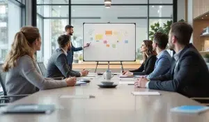 Professionelle Mitarbeiterschulung in einem modernen Büro mit Moderator und engagiertem Publikum am Konferenztisch