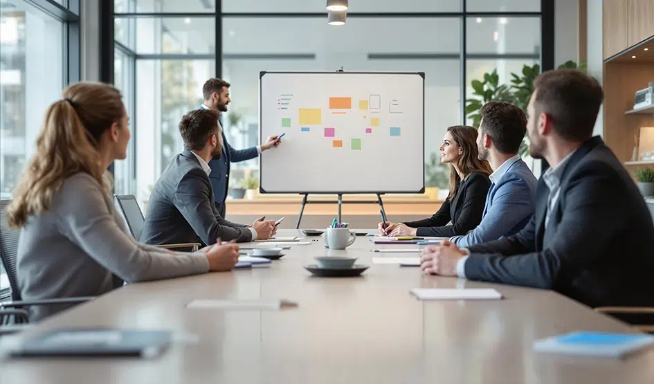 Professionelle Mitarbeiterschulung in einem modernen Büro mit Moderator und engagiertem Publikum am Konferenztisch