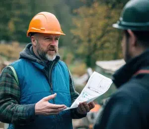 Bergmann bespricht Arbeitspläne mit Kollegen auf einer Baustelle, umgeben von Materialien