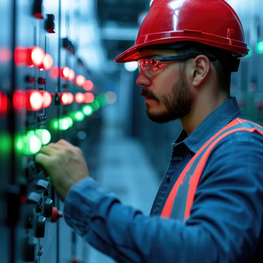 Ein Arbeiter mit rotem Schutzhelm bedient in einer Industrieumgebung ein Bedienfeld mit beleuchteten Tasten