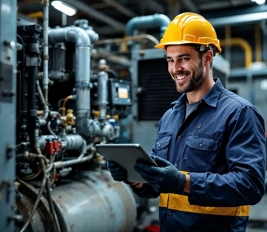 Techniker mit Schutzhelm überprüft Daten auf einem Tablet, während er tagsüber neben großen Industriemaschinen in einer geschäftigen Fabrikumgebung steht.